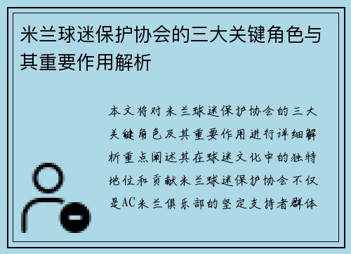 米兰球迷保护协会的三大关键角色与其重要作用解析